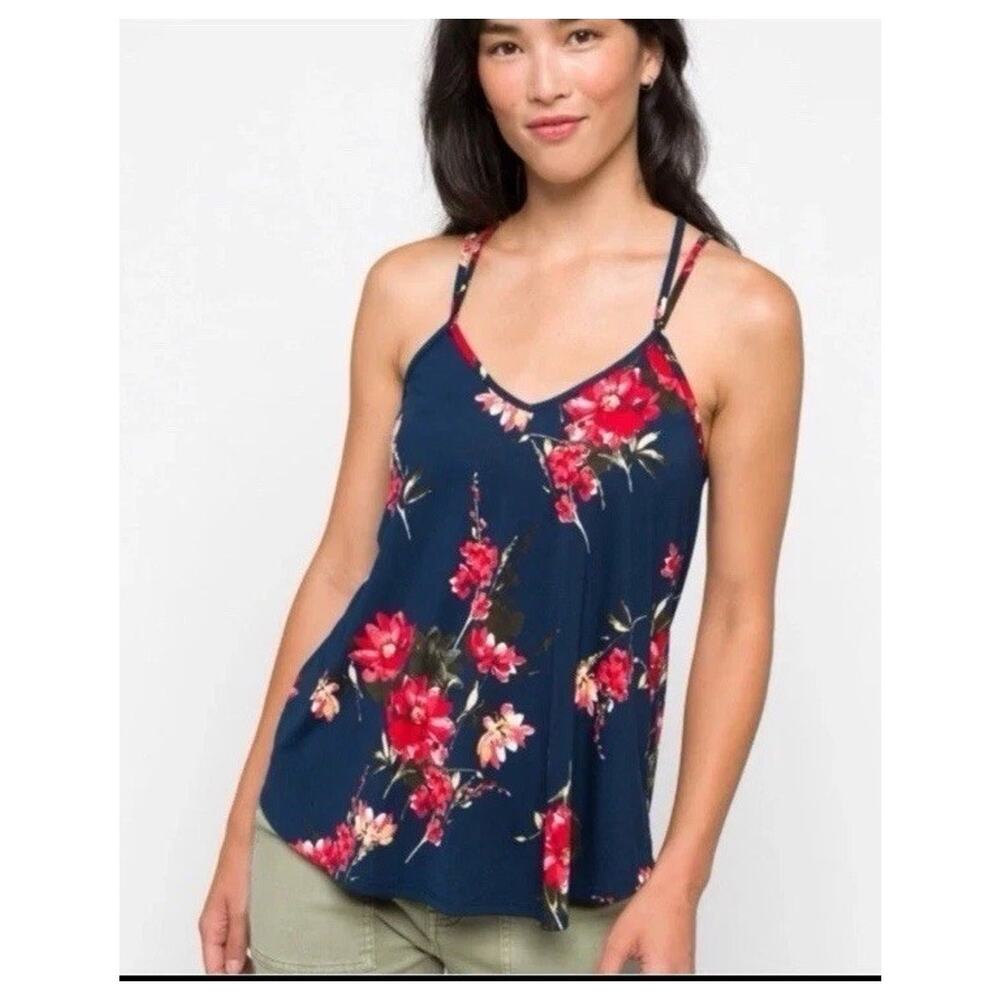 Papermoon Womens Floral Navy Blue Flowy Tank Blouse Sz M Vacation Travel Coastal